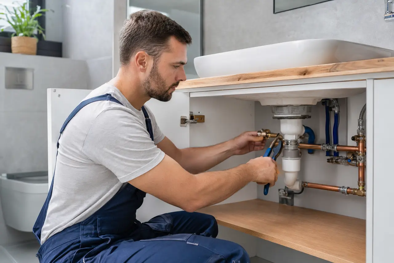 Plombier réalisant des raccordements sous un lavabo